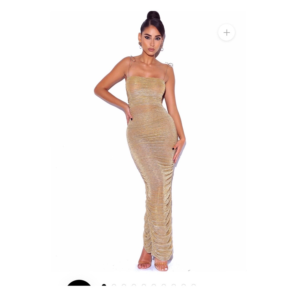 The Glint Gold Ruched Chiffon Long Maxi Dress